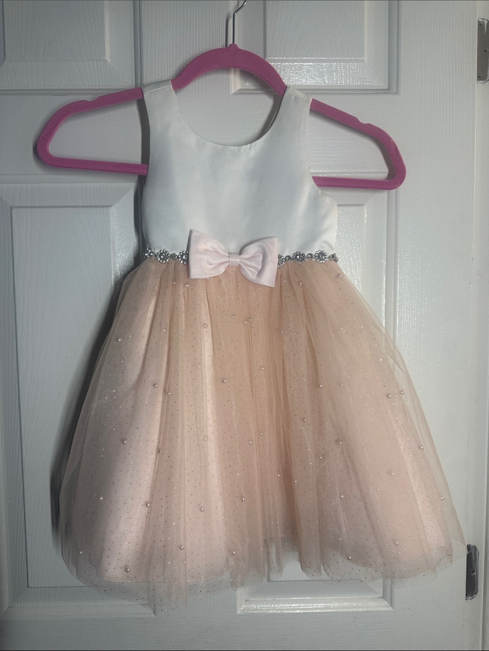 Girls Satin & Tulle Bow Party Dress - Ivory & Blush